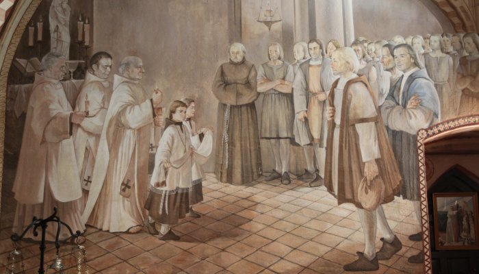 Colón y sus marineros asisten a misa antes de embarcarse rumbo al descubrimiento de América - Monasterio de Santa María de la Rábida - Palos de la Frontera - España